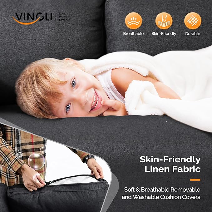 VINGLI 47" Small Couch, Linen Loveseat Sofa Black Mini Couch Mid Century Modern Decor Love Seat for Small Spaces Living Room, Bedroom, Play Room