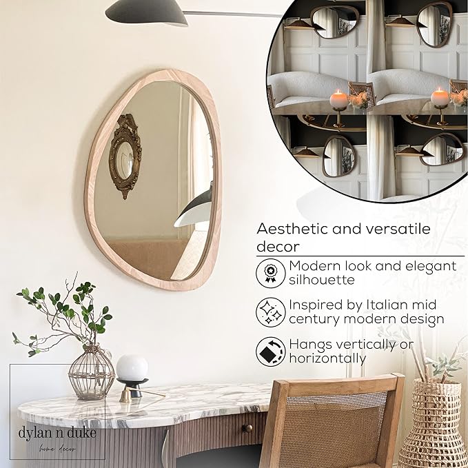 Irregular Wood Frame Boho Mirror - Large Wall Mounted Accent, Asymmetrical, Modern Aesthetic Wall Decor for Bedroom, Entryway, Living Room, Bathroom (Natural)