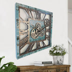 The Gears Clock 24'' Inch Square Real Moving Gear Wall Clock Vintage Industrial Oversized Rustic Farmhouse (Aqua Green)