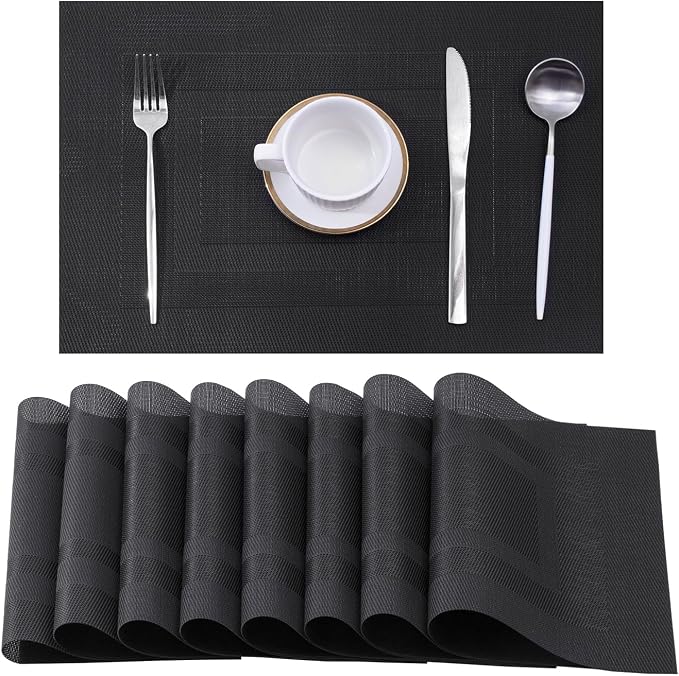 Leetaltree Black Frame Placemats Set of 8 - Heat Resistant Non-Slip Place mats for Dining Table, Washable Durable PVC Vinyl Woven Table Mats（Black Frame, 8）