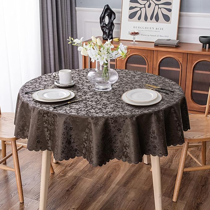Smiry Round Waterproof Heavy Duty Vinyl Tablecloths, 70 x 70 Inch | Wipeable Washable Floral Embossed Table Cover for Kitchen and Dining Room, Indoor & Outdoor Use, Coffee