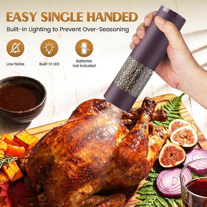 Electric Salt and Pepper Grinder Set Automatic Battery Pepper Mill Shakers Adjustable Coarseness Upgraded Larger Capacity with Led Home and Kitchen Appliances(Burgundy)