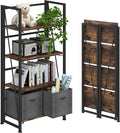 4NM No-Assembly Folding Bookshelf Storage Shelves 4 Tiers Vintage Bookcase Standing Racks Study Organizer Home Office (Rustic Brown and Black)
