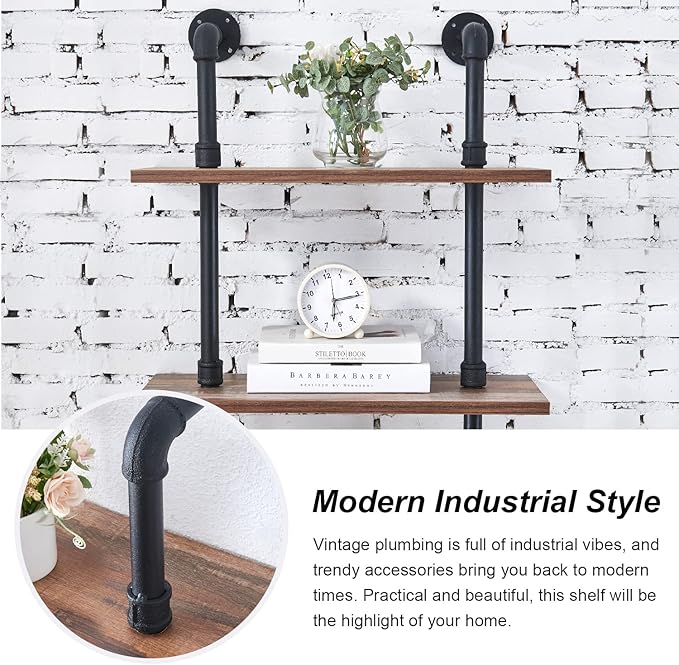 HOMBAZAAR Industrial Bookshelf, 5-Tier Industrial Pipe Bookshelf, Wall Mounted Ladder Shelves with Metal Frame for Home Office, Living Room, Oak Brown