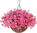 Artificial Faux Hanging Plants Flowers Basket for Outdoors Outside Spring Summer Decoration, Silk Pink Morning Glory in Planter UV Resistant Look Real Fake Flowers for Porch Patio Balcony Home Yard