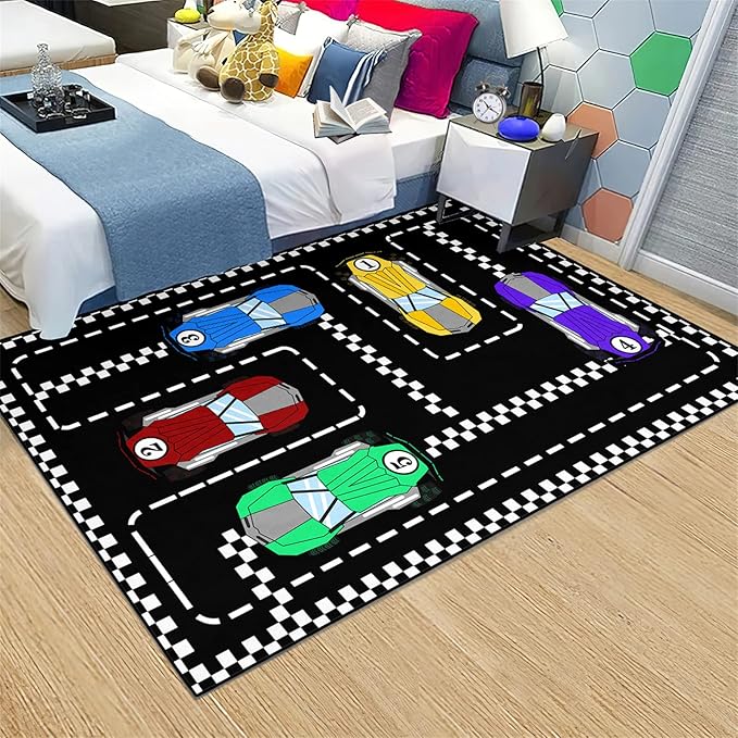 Car Rug Race Car Rug Car Track Rugs for Boys Race Track Carpet Race Car Track Rug Car Rug for Boys Room Car Rug Play Mat Car Carpet for Kids Rugs for Boys Bedroom,Black 3'×4'