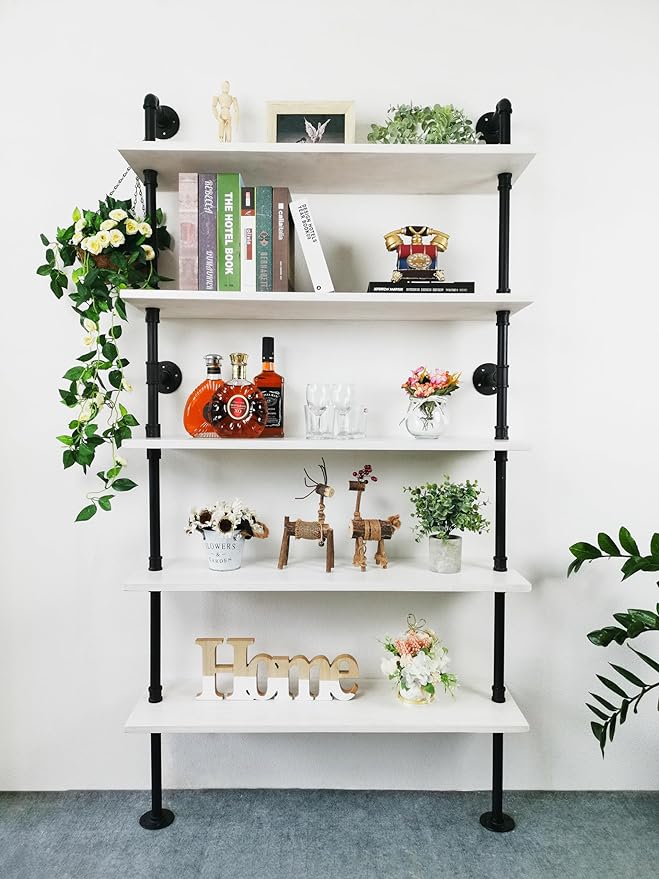 Ladder Pipe Shelves, Wall Mounted Industrial Shelves for Living Room Storage (White, 5 Tier - 10" D x 36" W x 70" H)