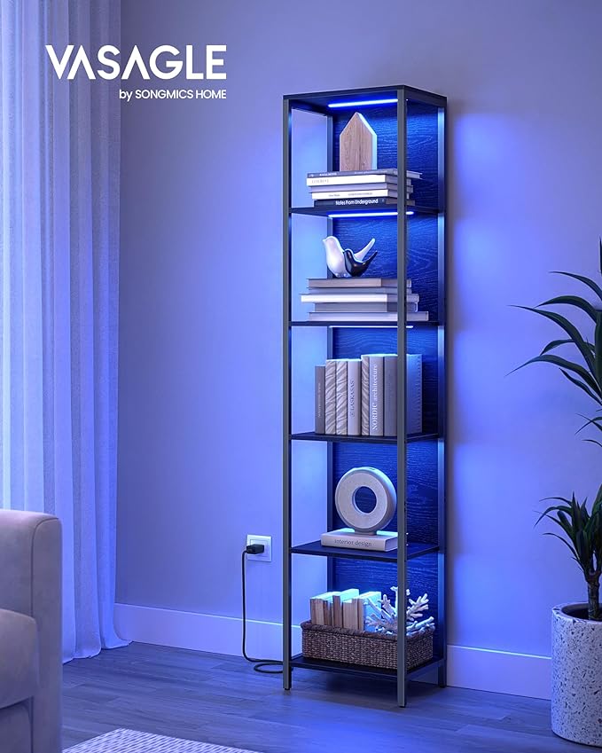 VASAGLE 6-Tier LED Bookshelf, Display Shelf with Dimmable Lights, LED Bookcase with Steel Frame, 11.9 x 15.7 x 70.3 Inches, for Living Room, Bedroom, Office, Black with Wood Grain ULLS121B56