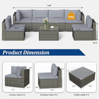 SUNVIVI OUTDOOR 7 Piece Patio Furniture Sets All Weather Gery PE Wicker Couch Sofa with Glass Table, Removable Grey Cushions