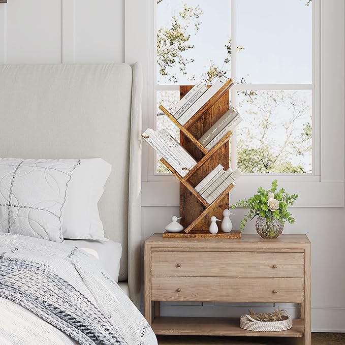YMYNY 4 Tier Tree Bookshelf, Small Bookcase, Modern Wood Book Storage Rack, Freestanding Book shelf for Books/Movies/CDs, Narrow Display Rack for Living Room, Home Office, Rustic Brown UHBC014H
