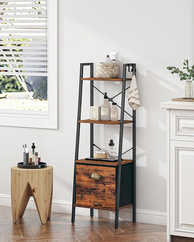 Narrow Bookshelf Bookcase with Drawer, Ladder Shelf with 2 Hooks, Bookshelves Storage Organizer, Freestanding Display Standing for Home Office, Bedroom, 4 Tier Rustic Brown BC19401B