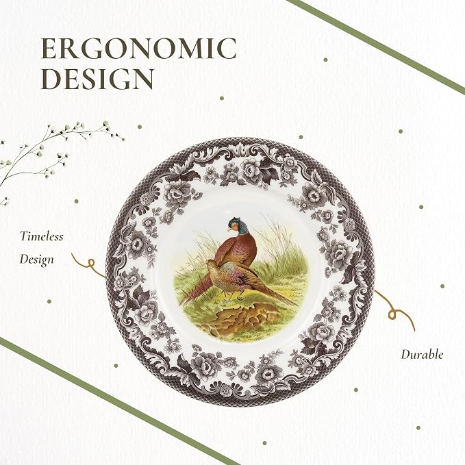 Spode Woodland Pheasant Luncheon Plate - 9" Fine Earthenware Plate with British Flowers Border, Rustic Game Bird Design - Dishwasher, Microwave, Oven & Freezer Safe - Made in England (Pack of 2)