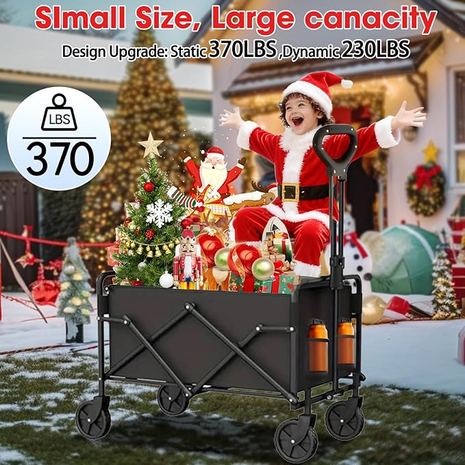 Collapsible Wagon with Wheels, 370lbs Weight Capacity Foldable Beach Wagon with Flexible Handle Portable Utility Wagon Cart for Outdoor, Grocery, Garden, Camping