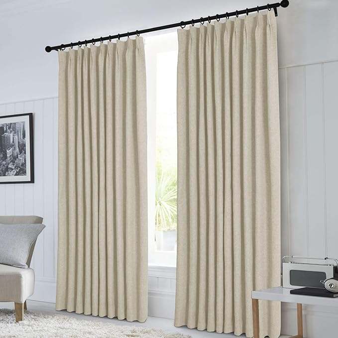 Macochico Extra Wide Full Blackout Linen Curtains for Sliding Door Beige Pinch Pleated Linen Curtains 96 Inches Long for Bedroom Living Room Farmhouse with Tieback 120”Wx96”L 1 Panel