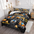 Axolotl Excavator Bedding Set Twin Size,Yellow Excavator Bed Comforter for Kids Boys Teens,Tractor Truck Bedding Set for Boys,Construction Bedding Set for Boys,1 Quilt 2 Pillowcases,Deep Grey