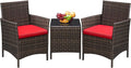 Greesum 3 Pieces Patio Furniture Sets Outdoor PE Rattan Wicker Chairs with Soft Cushion and Glass Coffee Table for Garden Backyard Porch Poolside, Brown and Red