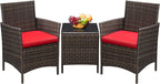 Greesum 3 Pieces Patio Furniture Sets Outdoor PE Rattan Wicker Chairs with Soft Cushion and Glass Coffee Table for Garden Backyard Porch Poolside, Brown and Red