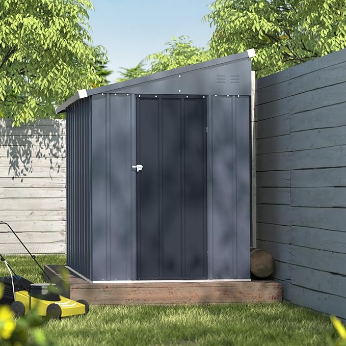 MUPATER Outdoor Storage Shed 4x6 FT, Garden Tool Shed, Metal Lean-to Shed Kit for Backyard Lawn with Lockable Door and Vents, Grey