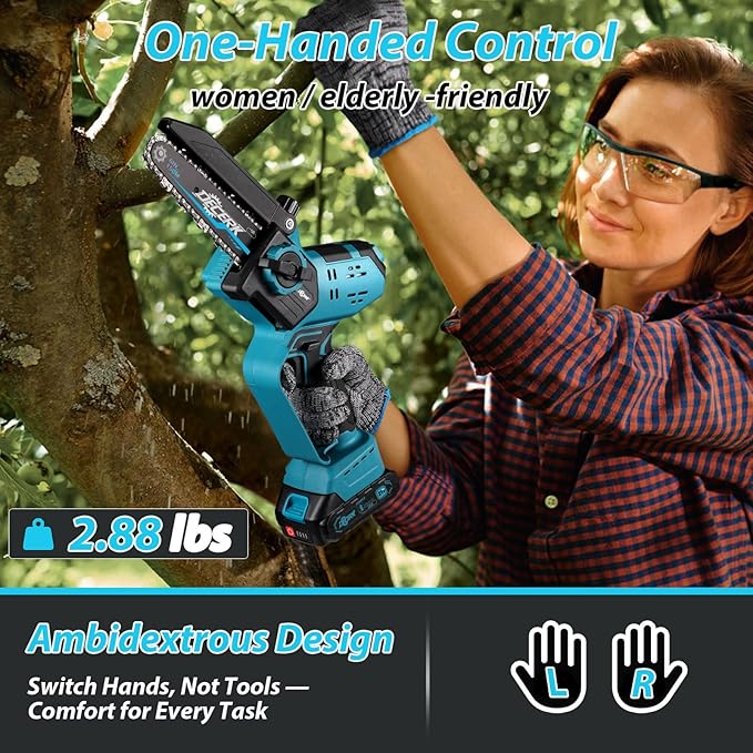 Mini Chainsaw Cordless - DECERK Brushless 6 Inch Electric Chain Saw, Portable Left Handheld Chainsaw Battery Powered for Tree, Branch, Wood, Best Gift Saw Tools for Household & Garden, Men Dad Husband