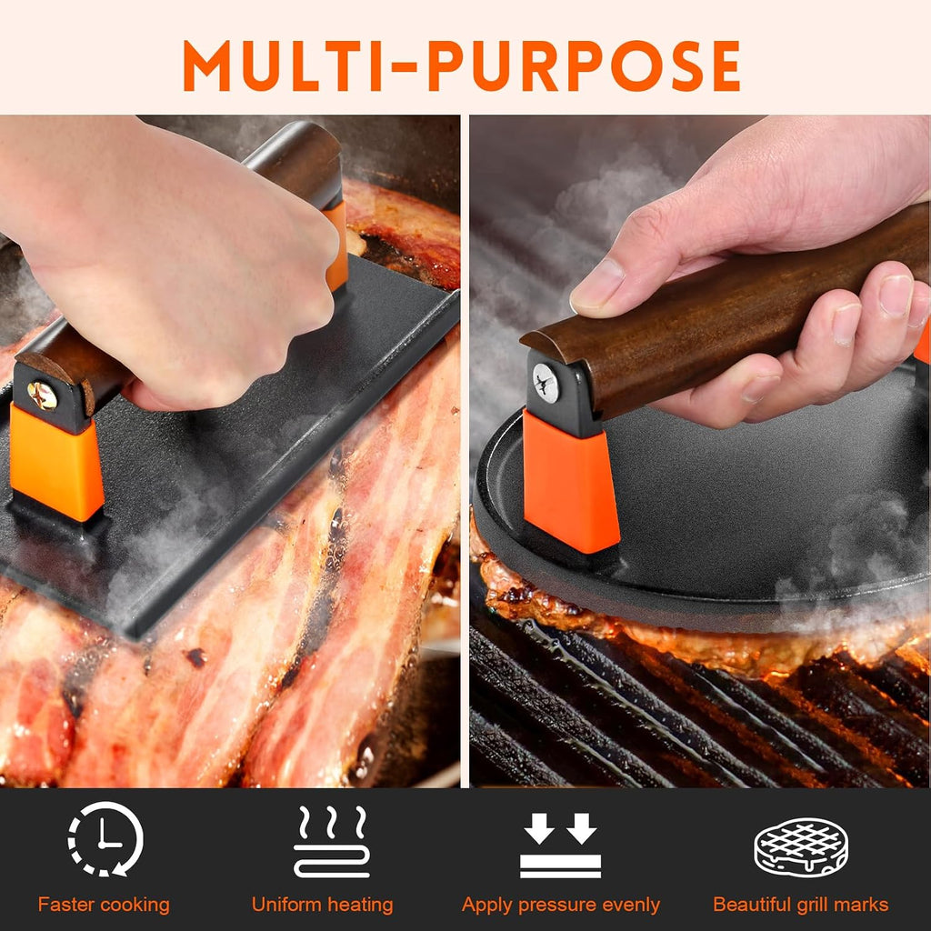 GGC Cast Iron Burger Press Kit, 7" Round and 8"x4" Rectangle Smash Burger Press Set for Grill and Griddle Cooking, 2PCS Meat Press with Wooden Handle for Bacon, Hamburgers, Eggs, Sandwiches