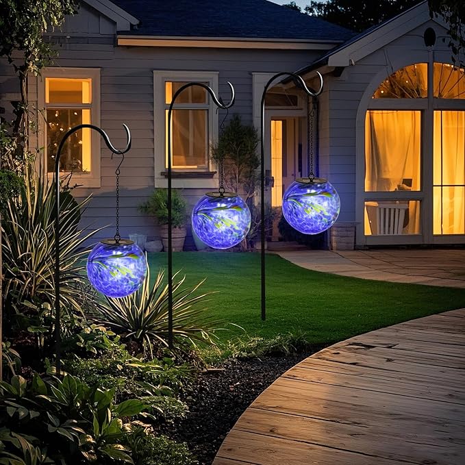 VCUTEKA Solar Hanging Lanterns Outdoor Decoration, Glass Solar Lights with Hook Up, Solar Garden Gazing Ball Light for Yard, Tree and Patio Decor, Blue