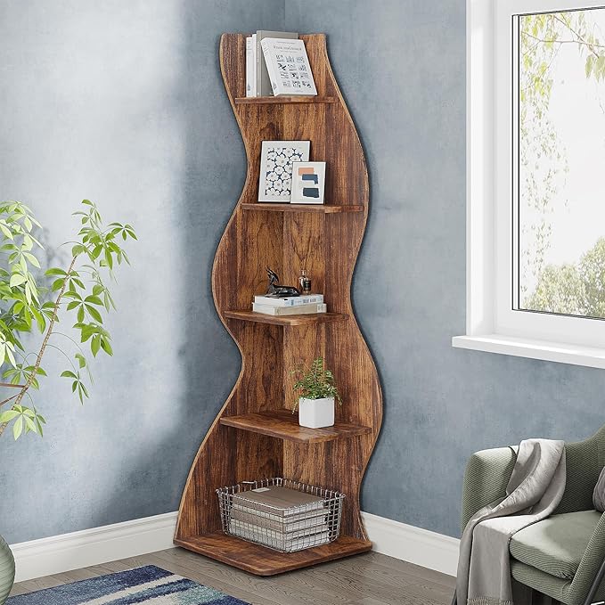 Small Corner Shelf, Modern 5-Tier Wall Corner Bookshelf, Stylish Bookcase Storage Rack for Small Space,Living Room. Bedroom