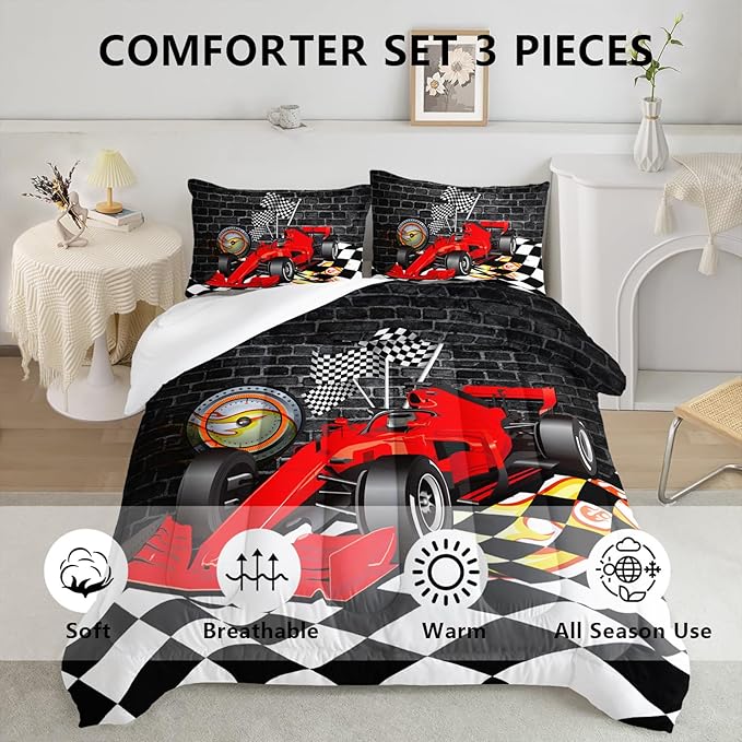 Axolotl Race Car Comforter Set Full Size,Extreme Sports Bedding Set for Boys Teens Kids Girls Room Decor,Cool Speed Car Quilt Bed Set with 1 Comforter 2 Pillowcases Car Racing Gifts,Black Red