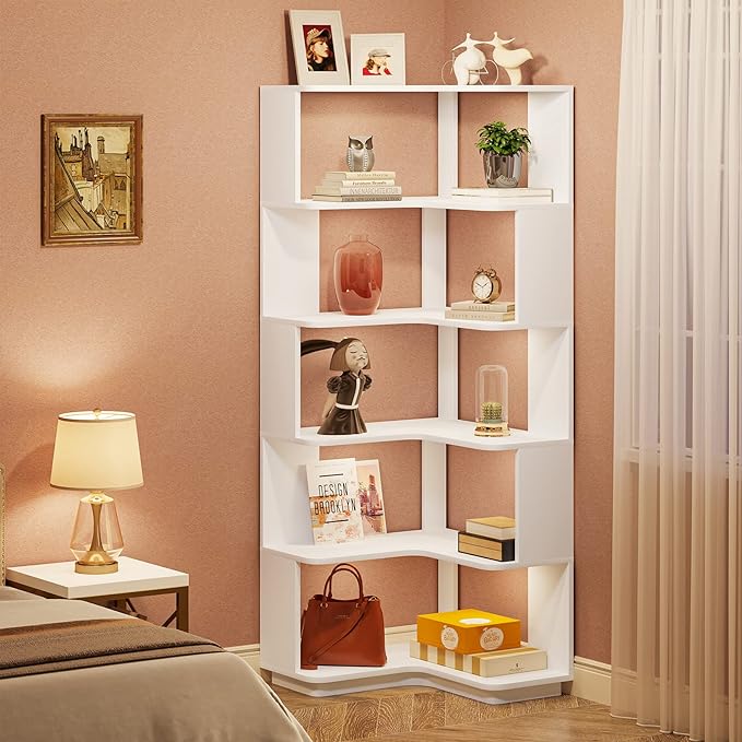 Corner Bookshelf, 64.9 Inch Tall Bookcase with Anti-Drop Panel, Modern Freestanding Corner Shelf Display Rack Storage Organizer for Home Office, Living Room, White