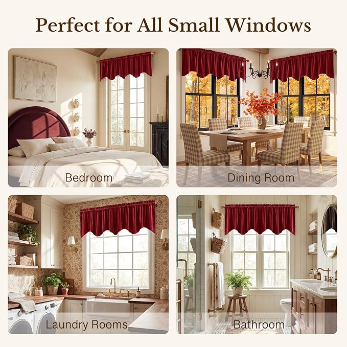 Red Christmas Velvet Window Valance 52x18 Inch 4-Panel Set | Soft Wavy Kitchen Curtains for Windows, Luxury Fabric Aesthetic Window Treatment for Bay Window, Living Room