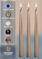 Hyoola Tall Metallic Antique Gold Taper Candles - 10 Inch - Dripless - 12 Pack - 8 Hour Burn Time