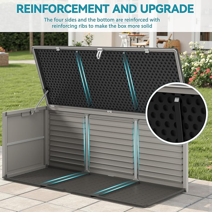 HUGROVE Resin Deck Box, 130 Gallon Outdoor Storage Box with Lockable Lid, Waterproof Patio Storage for Garden Tools & Outdoor Accessories (Dark Black) (Light Gray)