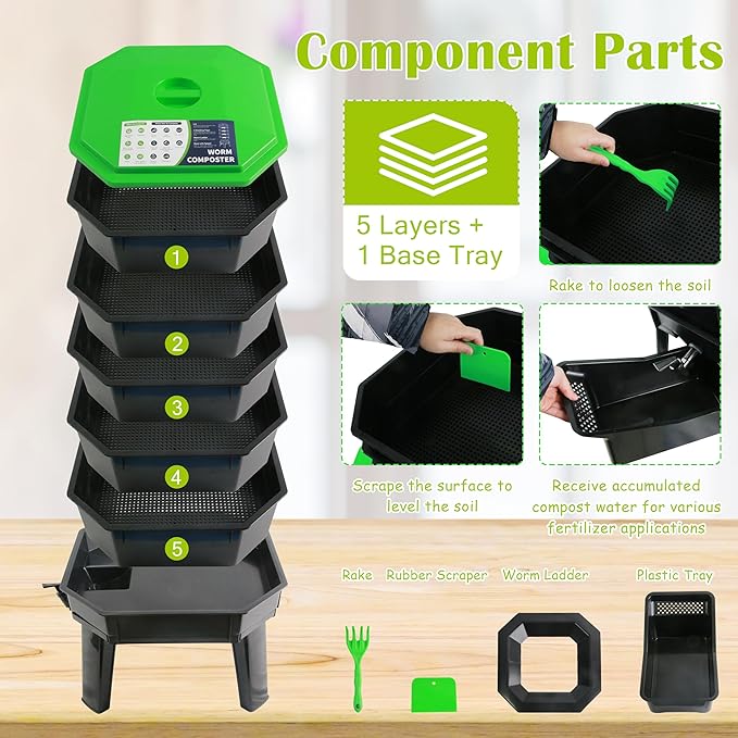 5-Layer Tray Worm Composter, Sustainable for Both Indoor & Outdoor, Worm Compost Bin for Vermicomposting Starter, Recycling Food Wastes