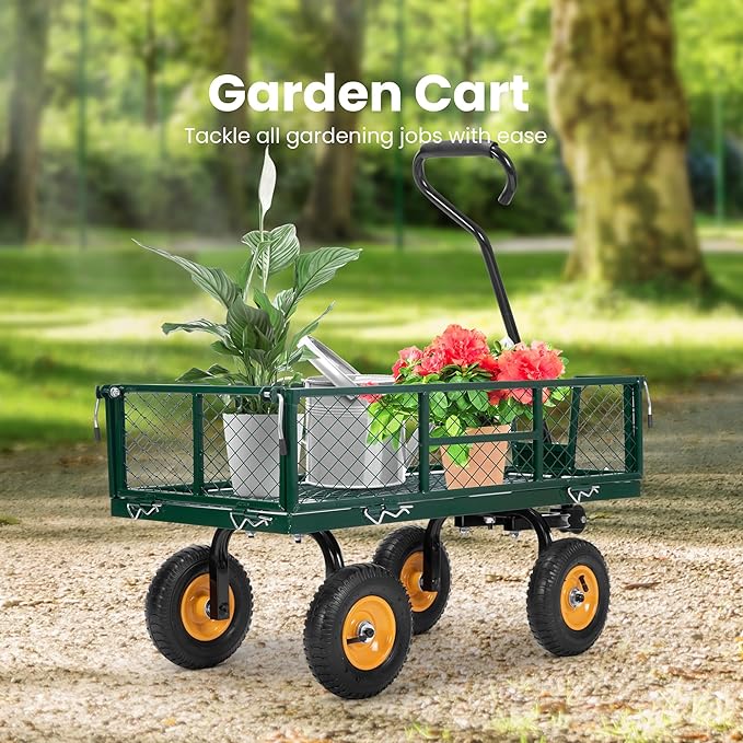 VIVOHOME Heavy Duty 550 Lbs Capacity Mesh Steel Garden Cart Folding Utility Wagon with Removable Sides (Green)