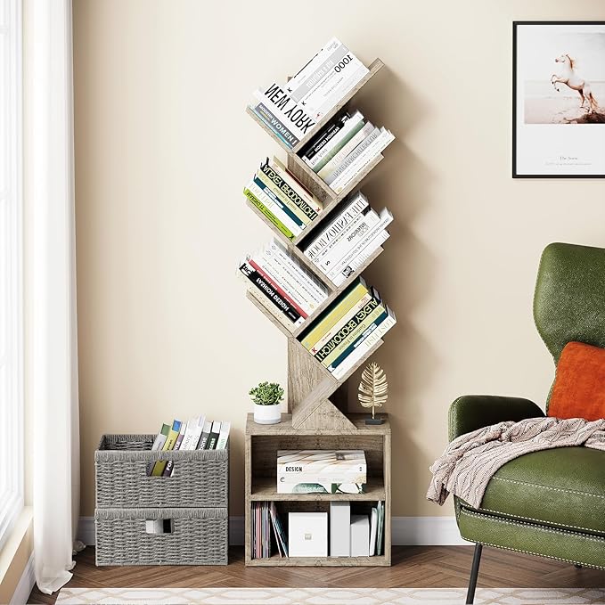 Vagusicc 6 Tier Tree Bookshelf, Modern Floor Standing Bookcase with Storage Drawer, Space Saving Storage Organizer Book Shelves for Books, Tall Wood Storage Rack for Bedroom/Living Room/Home Office