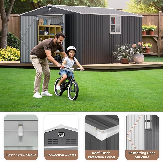 10x12 FT Outdoor Storage Shed, Metal Garden Shed - Tool Storage Sheds with Lockable Doors & 1 Clear Window, Waterproof Outside Storage Building for Backyard, Patio (Black; Floor Not Included)