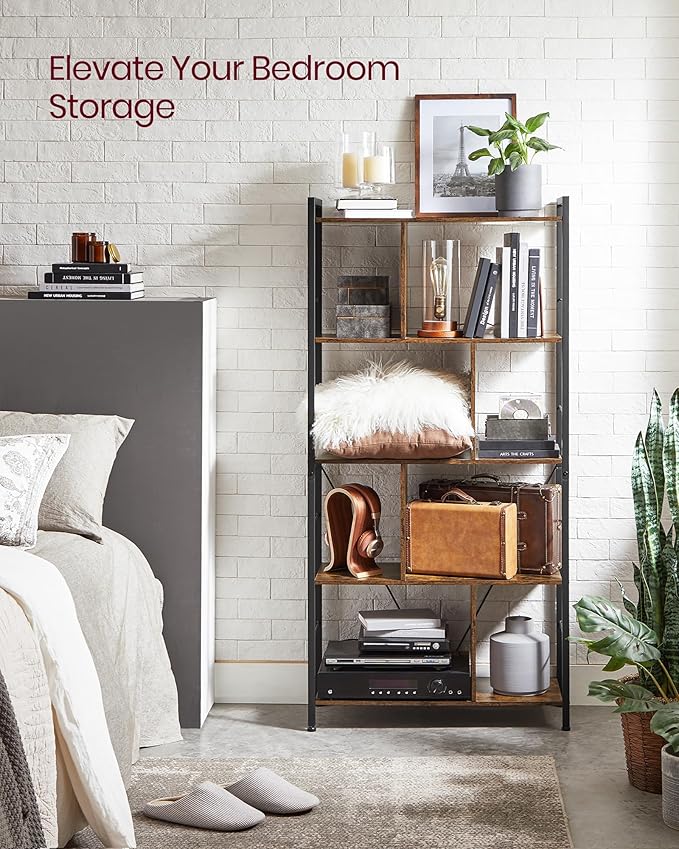 VASAGLE Bookshelf, 5-Tier Bookcase, Storage Shelving Unit, Display Shelf with Open Compartments for Living Room Home Office, Bedroom, Industrial, 11.8" D x 29.1" W x 59.1" H, Rustic Brown + Black