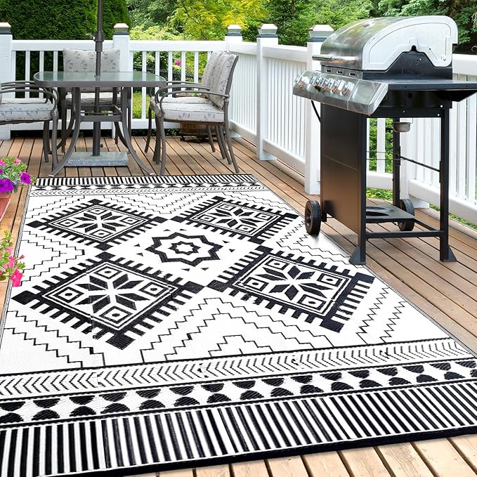 Waterproof Outdoor Rug 8x10ft, Boho Reversible Plastic Straw Mat for Patio RV Deck Porch Backyard Balcony Camping Picnic Beach Indoor Outdoor Carpet, Black&White