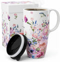 Topadorn 17oz Ceramic Travel Mug with Lid, Floral Coffee Mug with Handle | 17oz Ceramic Travel Mug • Floral Watercolor Design • Spill-Resistant Lid • Microwave & Dishwasher Safe • Gift Box