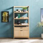 Walker Edison Modern Reeded 4-Shelf Bookshelf Bottom, 33 Inch, Two-Drawer Coastal Oak