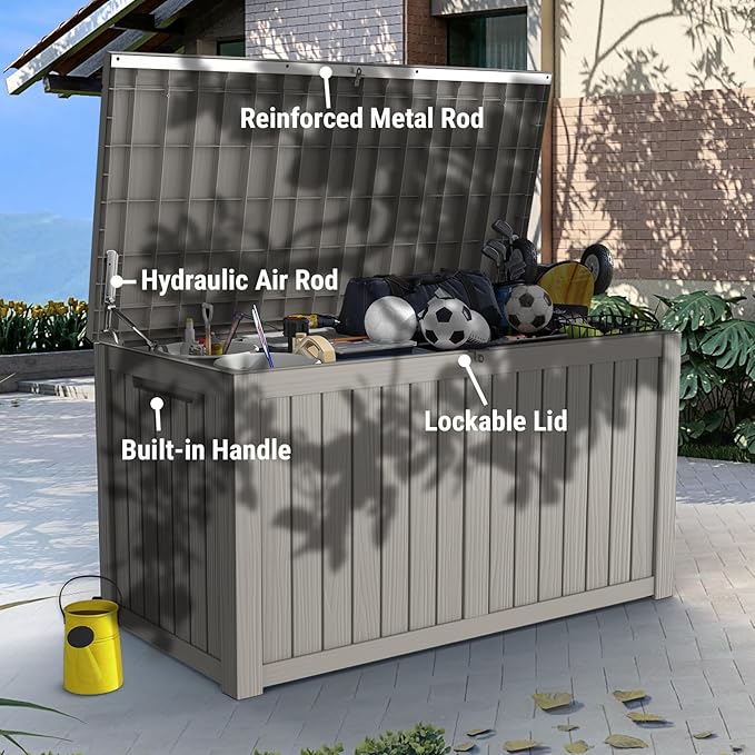 Mars Villa 180 Gallon Outdoor Storage Box, Large Resin Deck Box Waterproof, Storage Bin for Outside Patio Furniture Cushions, Pool Supplies, with Hydraulic Hinge, UV Resistant and Weatherproof, Greige