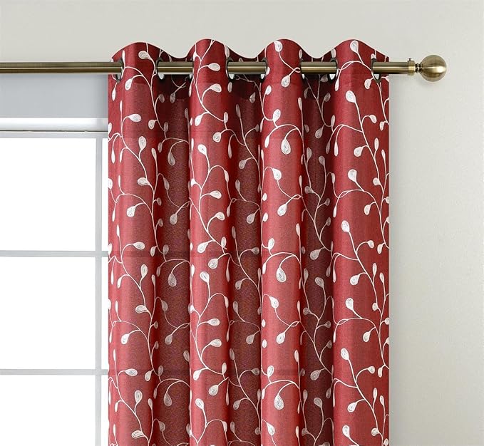 MIUCO Floral Embroidery Semi Sheer Curtain Panels Faux Linen Grommet Curtains for Kids Room 52 x 95 Inch 2 Panels, Burgundy
