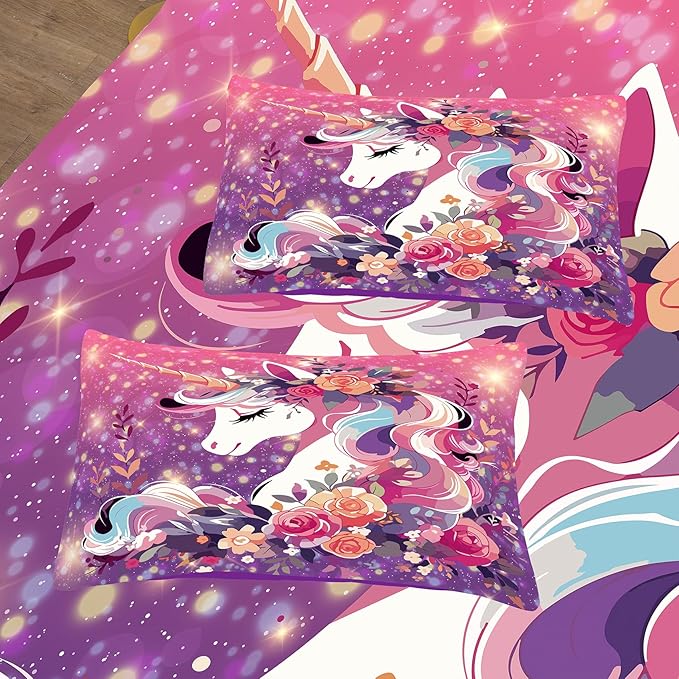 Tailor Shop Unicorn Bedding Full Size 5 Pieces Unicorn Comforter Bed in a Bag for Girls/Kids Pink Comforter Set for Kids Girls Unicorn Sheets Room Decor……