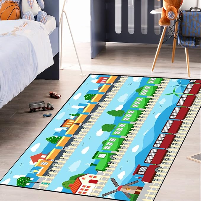 Train Rug Car Rug Play Mat Truck Rugs for Boys Room Kids Car Rug Truck Car Rug Car Carpet for Kids Kids Rugs for Playroom Car Rug for Boys Room,Light Blue 3'×4'
