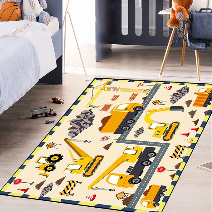 Construction Play Mat Car Rug Play Mat Construction Rugs for Boys Room Car Rug for Boys Room Construction Decor for Boys Room Playroom Rug for Livingroom 4'5''×6'