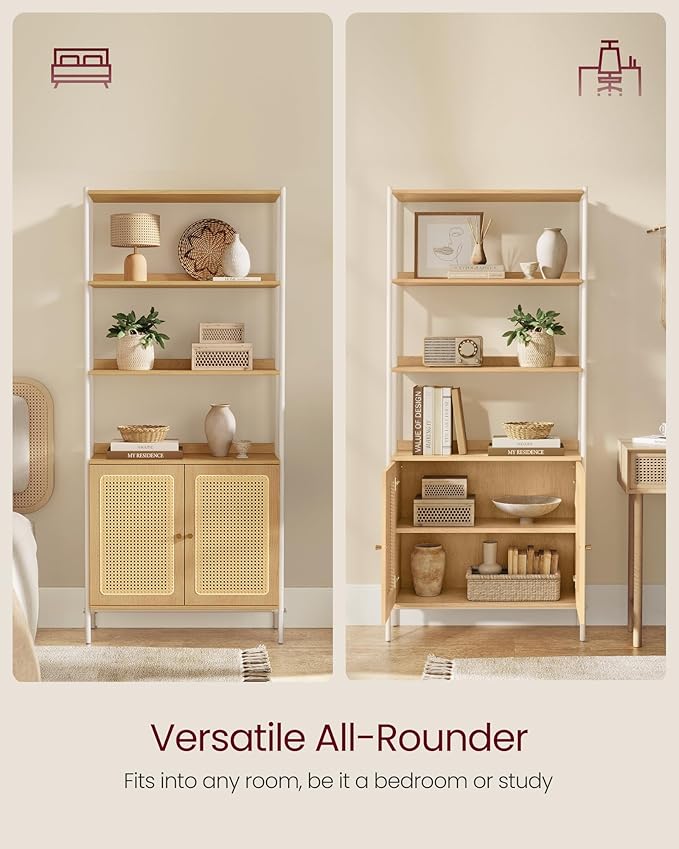 VASAGLE 6-Tier Bookcase, Bookshelf with Rattan-Like Door, Boho Style, Freestanding 30.1-Inch Wide Storage Shelf, Metal Frame, Adjustable Shelf, for Living Room, Oak Beige and Pearl White ULLS124W57