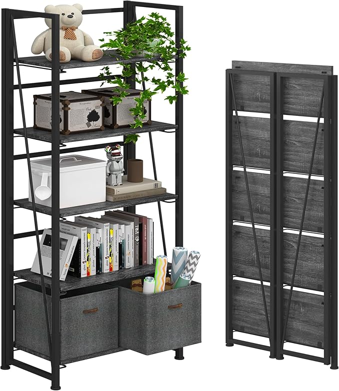 4NM No-Assembly Folding Bookshelf Storage Shelves 5 Tiers Vintage Bookcase Standing Racks Study Organizer Home Office (Gray)