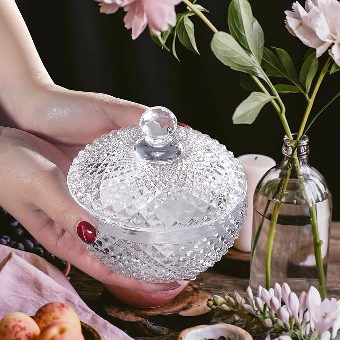 Joeyan 12 oz Small Clear Glass Jars with Lid,Embossed Glass Candy Dishes,Diamond Faceted Food Container,Decorative Jewelry Box Apothecary Canisters,Kitchen Bathroom Buffet Storage Organizer