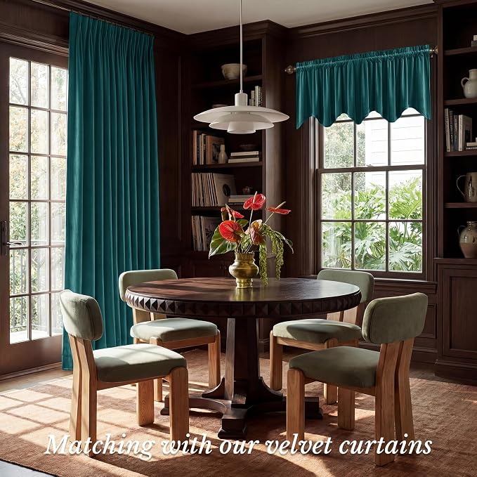 Teal Valance for Windows Scalloped 52x18 Inch 1 Panel | Soft Velvet Wavy Small Kitchen Curtains, Elegant Privacy Shielding Window Treatment for Bathroom, Laundry, RV