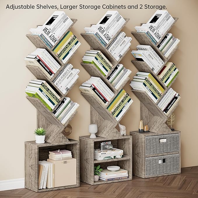 Vagusicc 6 Tier Tree Bookshelf, Modern Floor Standing Bookcase with Storage Drawer, Space Saving Storage Organizer Book Shelves for Books, Tall Wood Storage Rack for Bedroom/Living Room/Home Office