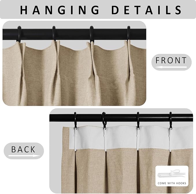 Macochico 100”Wx96”L Pinch Pleated 100% Blackout Linen Curtains Thermal Sliding Curtains for Bedroom Living Room Sliding Glass Door Farmhouse Shabby Chic Sand Beige Drapery with Tieback 1 Panel